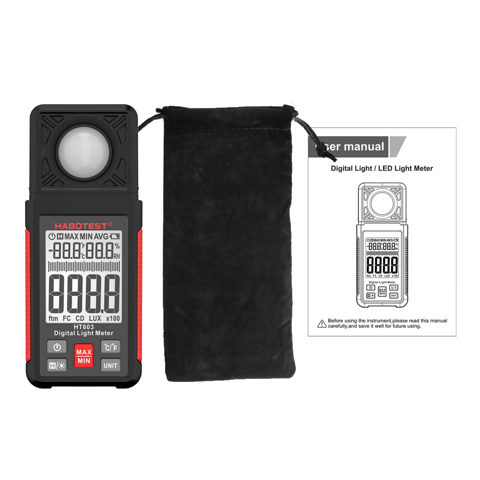 HABOTEST HT603 Digital Lux Meter Light Meter 200,000 Lux Digital Illuminance Meter with LCD Backlight Display Ambient Humidity and Temperature Meter