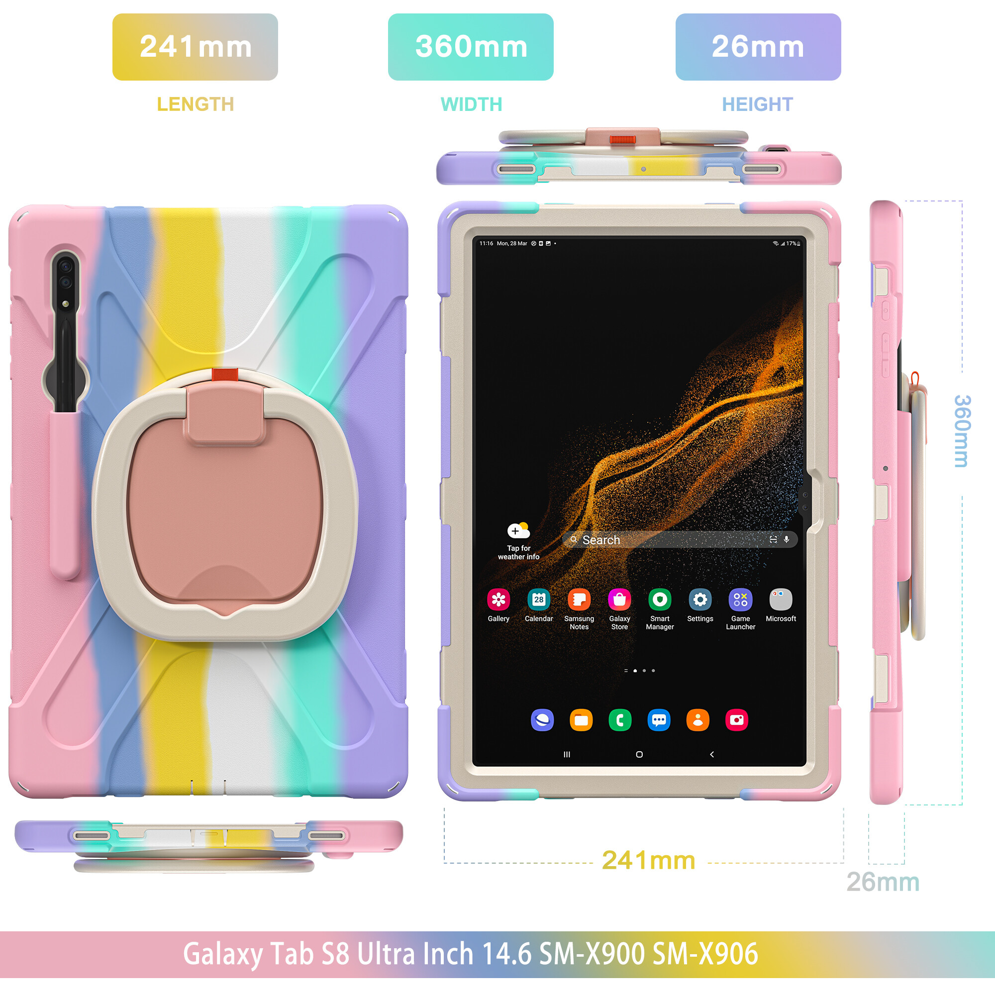 360 Degree Rotating Handle Stand Bracket Shoulder Strap Heavy Duty Rugged Shockproof Case Cover for Samsung Galaxy Tab S9 Ultra 14.6 inch 2022/Tab S9 Plus/Tab S9 FE Plus/Tab S8 Ultra/Tab S8 Plus/Tab S7 FE/Tab S7 Plus/Tab A9 Plus/Tab A8/Tab A7/Tab S6 Lite