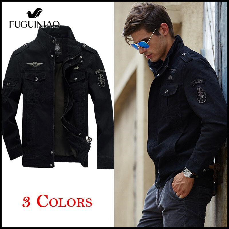 FUGUINIAO 2020 Men's Slim Military Jacket Washed Cotton Stand Collar Blazer Coat Winter Windproof Outerwear Casual Overcoat Tops