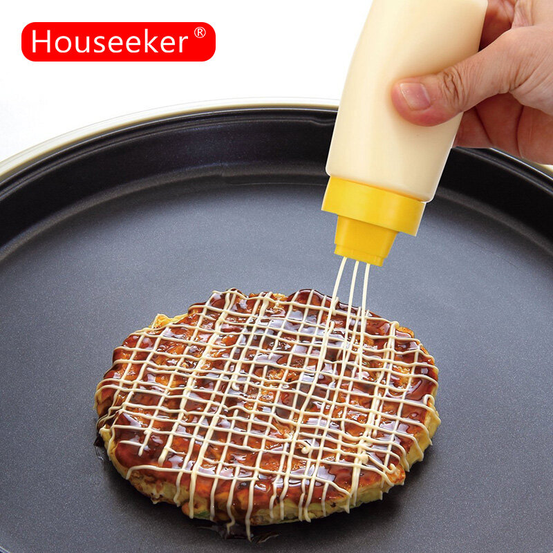 Houseeker 4-Hole Squeeze Bottle Salad Mustard Dressing Squeeze Silicone Bottle with Lid