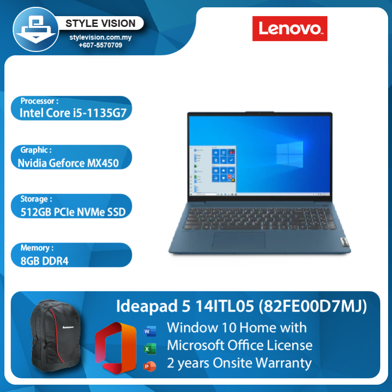 Lenovo Ideapad 5 14ITL05 (82FE00D8MJ/82FE00D7MJ) (Intel Core I5-1135G7/8GB DDR4/512GB SSD/14FHD/Nvidia MX450-2GB/Window10/2years Onsite Warranty/Free Office License) Malaysia