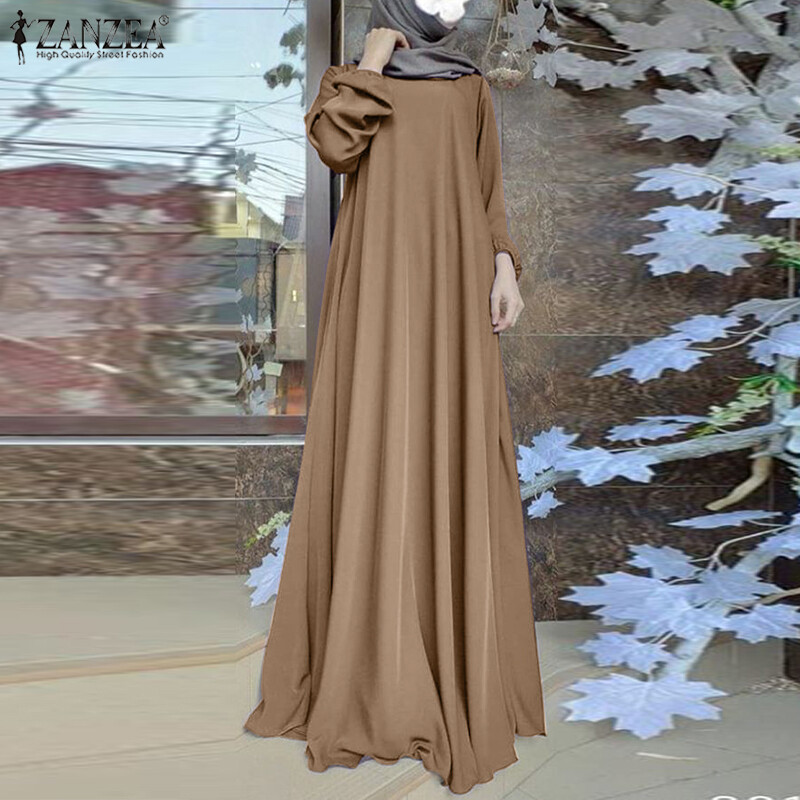 ZANZEA Muslimah Women Muslim Raya Clothes Dresses Lantern Sleeve Casual Loose O-Neck Sundress