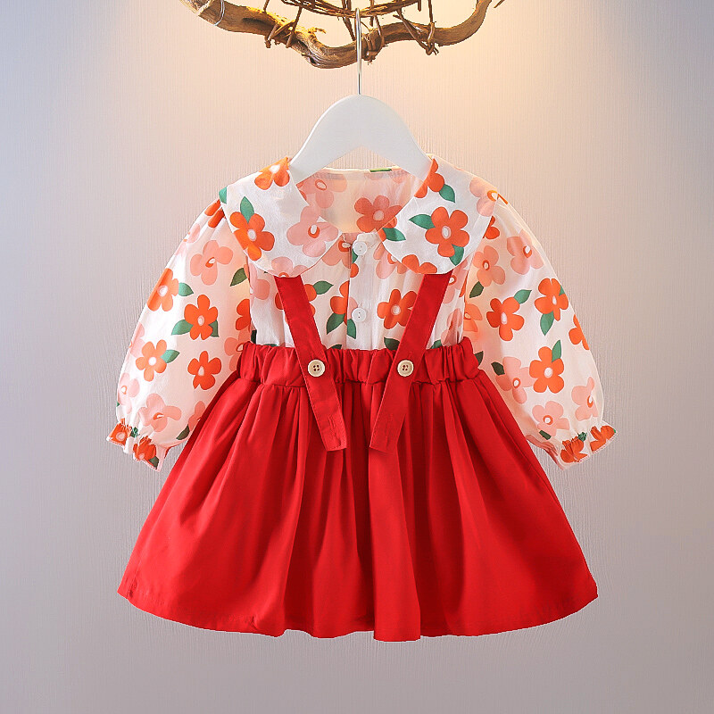 JOJO'S ADVENTURE Baby girl dress New autumn Middle and small children sweet Lovely wind little girl Korean fashion Fake two Floral skirt 0-4 years old Red/purple