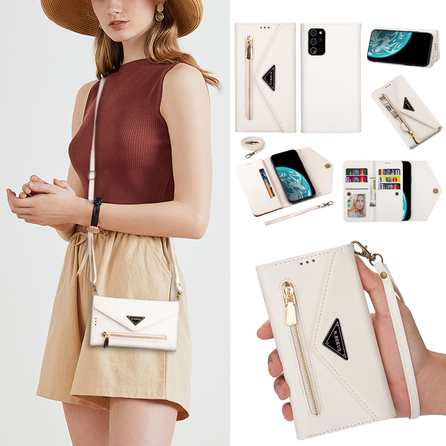 For apple iphone 15 pro 14 pro max iphone 13 pro / 12 iphone 11 xs max xr 7 8 plus se 2022 case crossbody strap detachable zipper wallet card slot backpack leather phone case