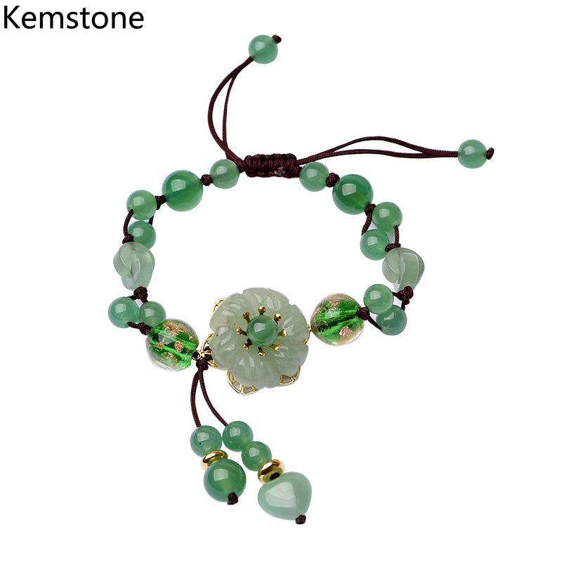 Kemstone Natural Style Retro Jade Agate Glass Copper Women Emerald Green Chain Bracelet Jewelry Gift