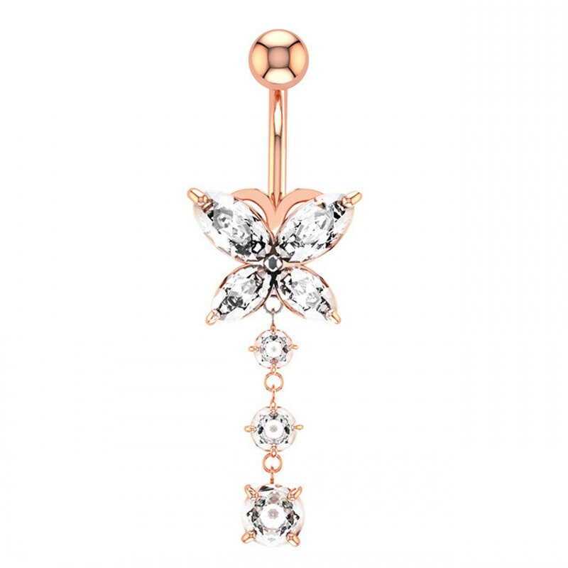 Women's Fashion Stainless Steel Belly Button Jewelry Hammered Zircon Crystal Butterfly Buckle Belly Button Ring