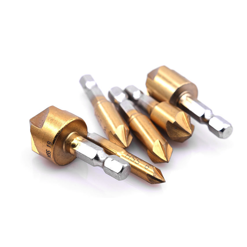 KKmol 6pcs Countersink Drill Bit Set 1/4'' Hex Shank HSS 5 Flute Countersink 90 Degree Wood Chamfering Cutter Chamfer 6mm-19mm