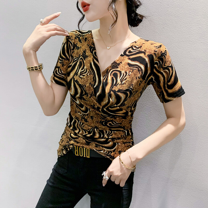 YIMEI Áo Thun Nữ Quảng Châu Đẹp 2023 Ngắn Tay Mùa Hè Mới Áo Nữ Thiết Kế Ôm Sát Cổ Chữ V Gợi Cảm
