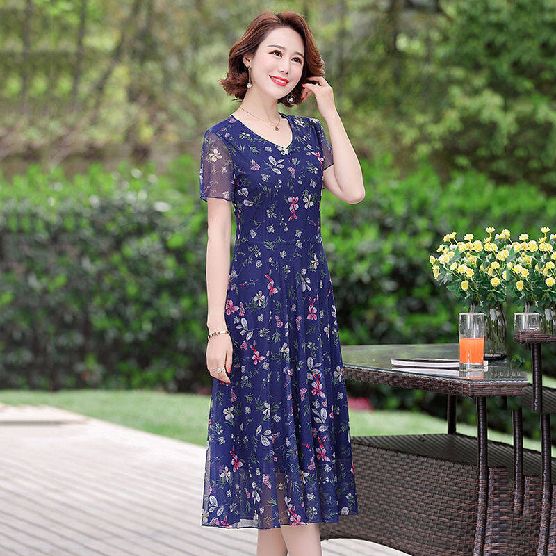 Elastic mesh summer temperament crushed flower dress short-sleeved large size women's long skirt