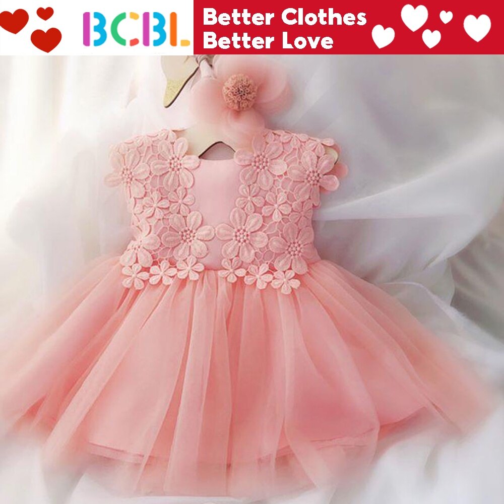 BCBL Baby Dress 1 Years Old Dress Skirt Pink Children Birthday Soft Yarn Princess Dress White Christening Dress 1-2 Years