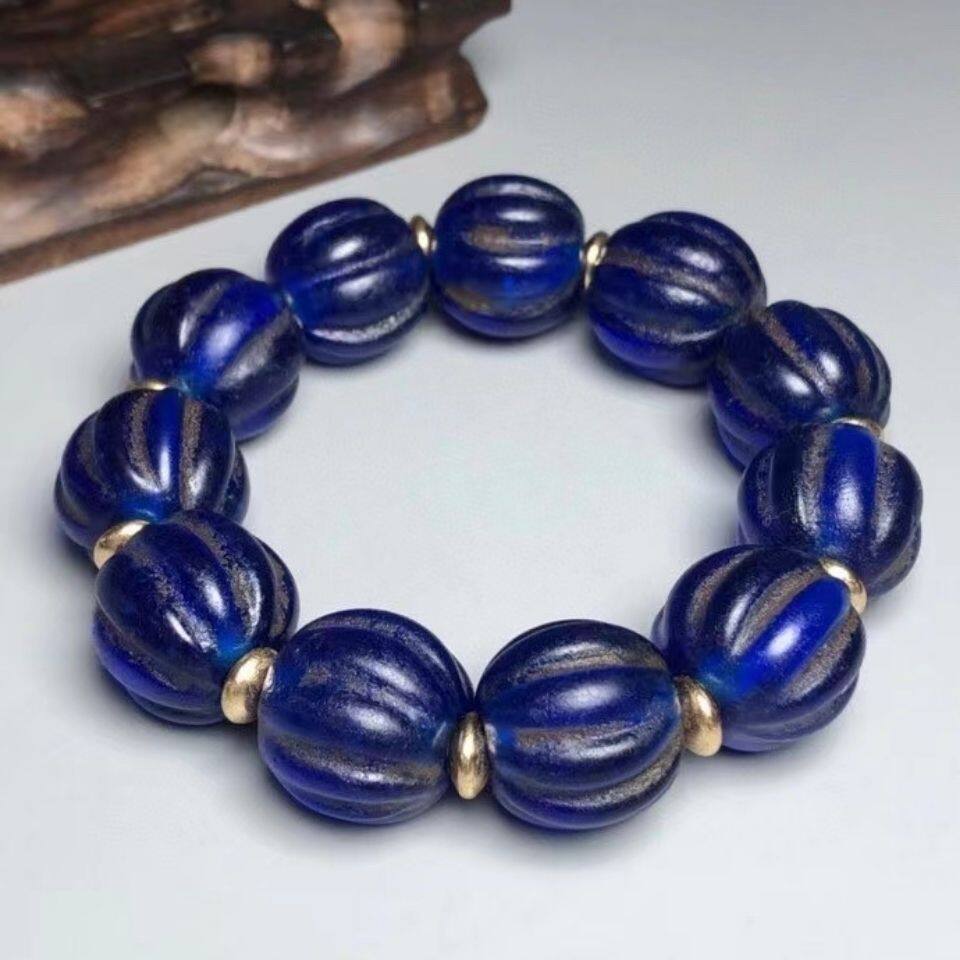Antiques Miscellaneous Buddha Beads Hand String Colored Glass Hand String Blue Glazed Melon Beads Diameter 20mm