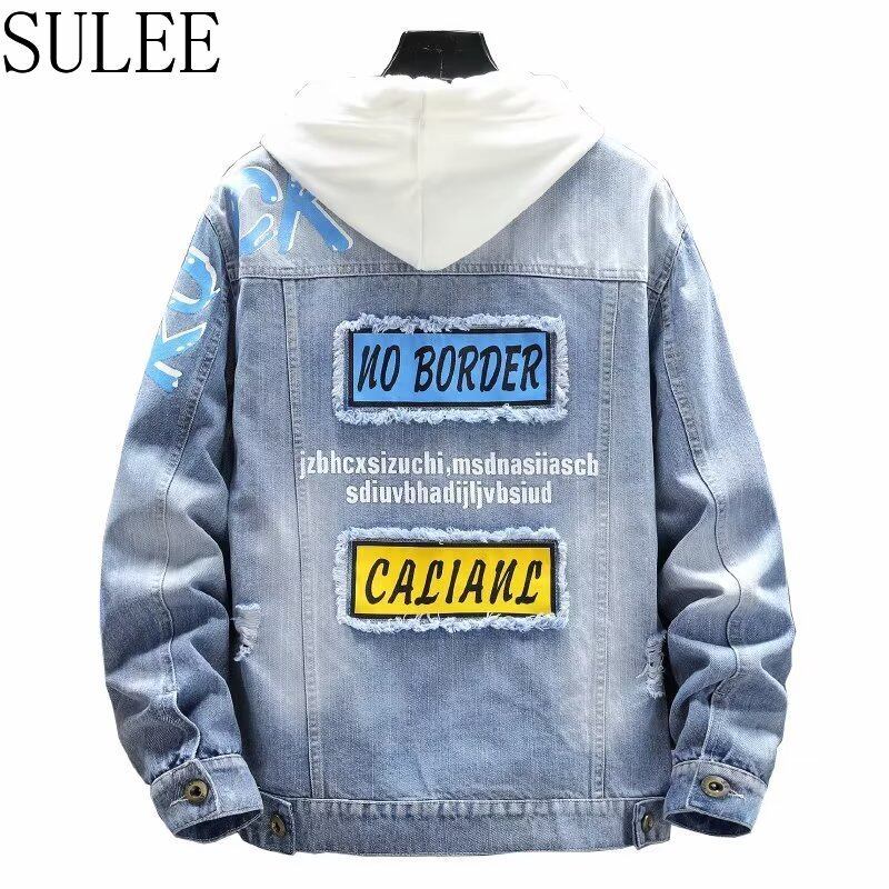 SULEE New Mens Denim Jacket Fashion Letter Print Denim Top Coats