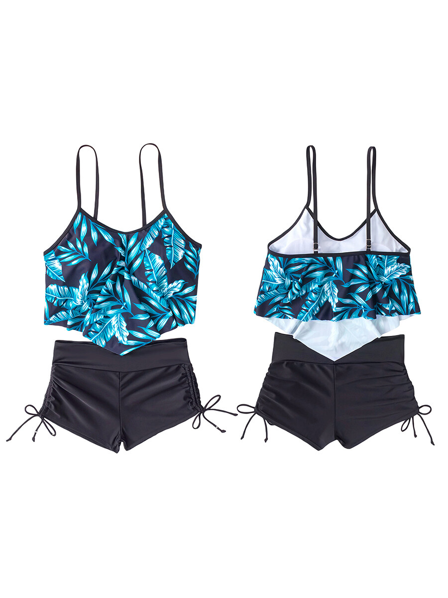 Happybuyner Zomer Twee Stukken Badpakken Vrouwen Beachwear Bladprint Sling Bikini Bh Tops + Trekkoord Shorts Hoge Taille_voghion.com