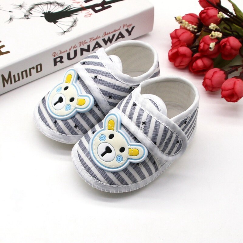 Oyamerbaby เด็ก0-18Month การ์ตูนหมีผ้าฝ้ายรูปแบบลาย Soft Sole Toddler รองเท้าผ้าใบลำลอง