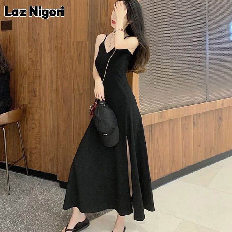NI Korean temperament sexy split V-neck suspender skirt solid color slim long halter dress women