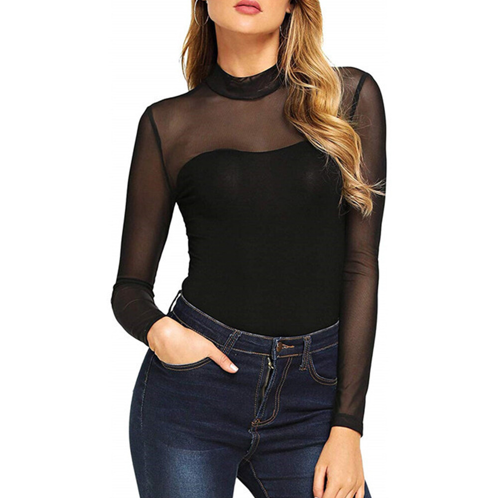 Women Bodysuit Mesh Pathcwork Bodysuit Tops T shirt Jumpsuit Romper Plus Size