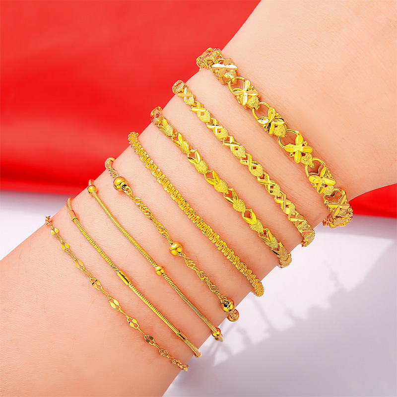 Y-U สร้อยข้อมือดอกไม้สี่ดอกแฟชั่น,สร้อยข้อมือทองคำแท้18K รูปหัวใจเรียบ