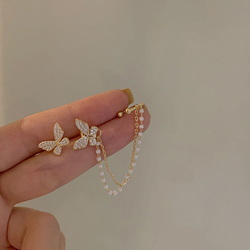 New Vintage Asymmetric Women's Butterfly Earrings Earstuds Earclip One Piece Super Fairy Tassel Earrings