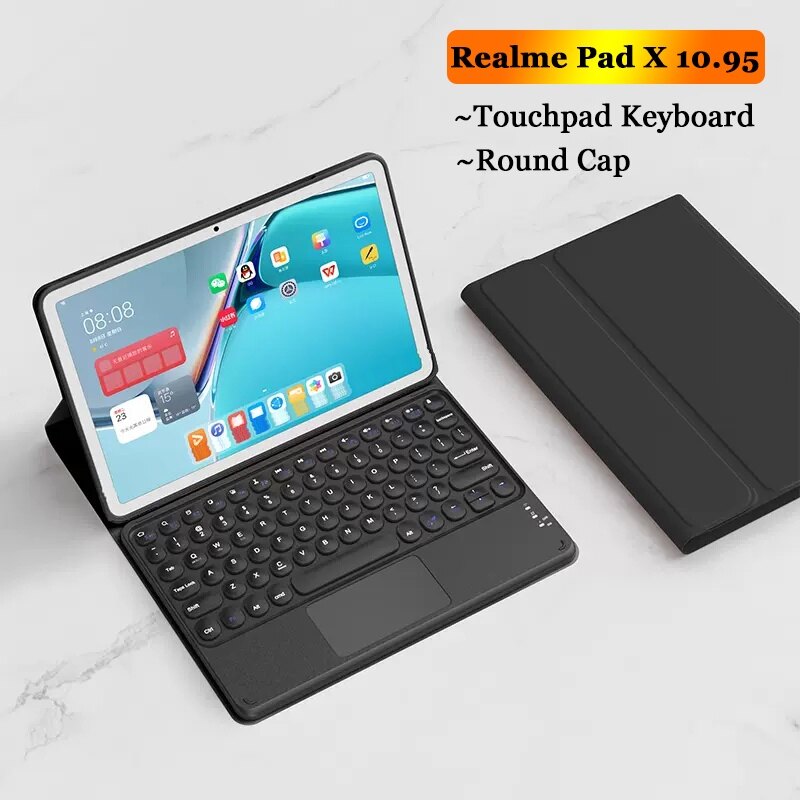 Round Cap Touchpad Keyboard Case for Realme Pad X 10.95 inch 2022 for Realme Pad 10.4 PU Leather Stand Holder Protective Cover Wireless Bluetooth Keyboard Shell for Realme Pad X 5G