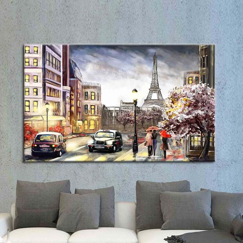 Eiffel Tower Art, People With Umbrella Printed, Paris Landscape Poster, Paris Cityscape Printed, View Art Canvas, 1PCS Wooden Inner Framed or Frameless