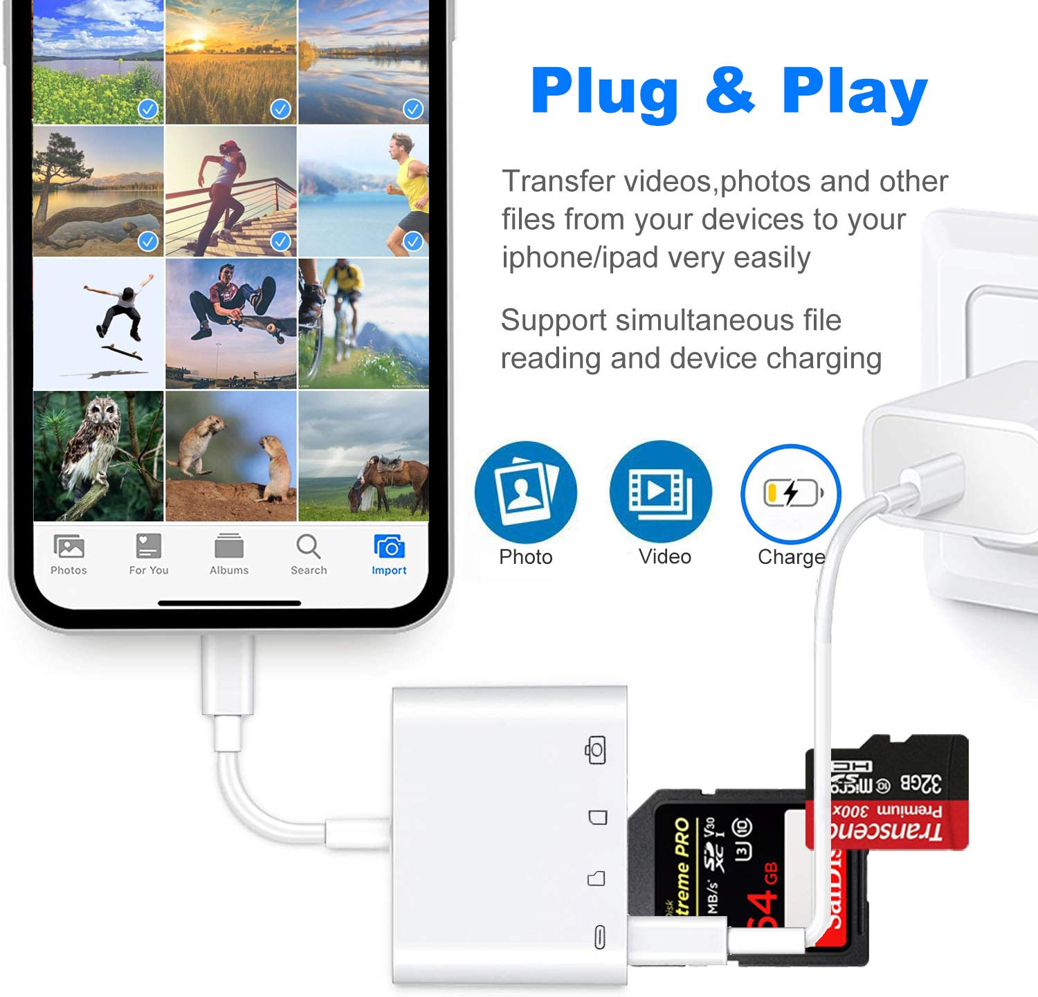 SD Card Reader for iPhone iPad, USB Camera Adapter with Fast Charging Port, Portable USB Adapter for iPhone, iPad to USB Adapter, Memory Card Camera Reader Adapter, Plug and Play