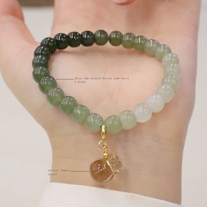 T-B Hetian Jade Gradually Changed Natural Jade Bracelet Women Lemon Crystal Pouch Pendant Bracelet for Women Jewelry Friendship Bracelet