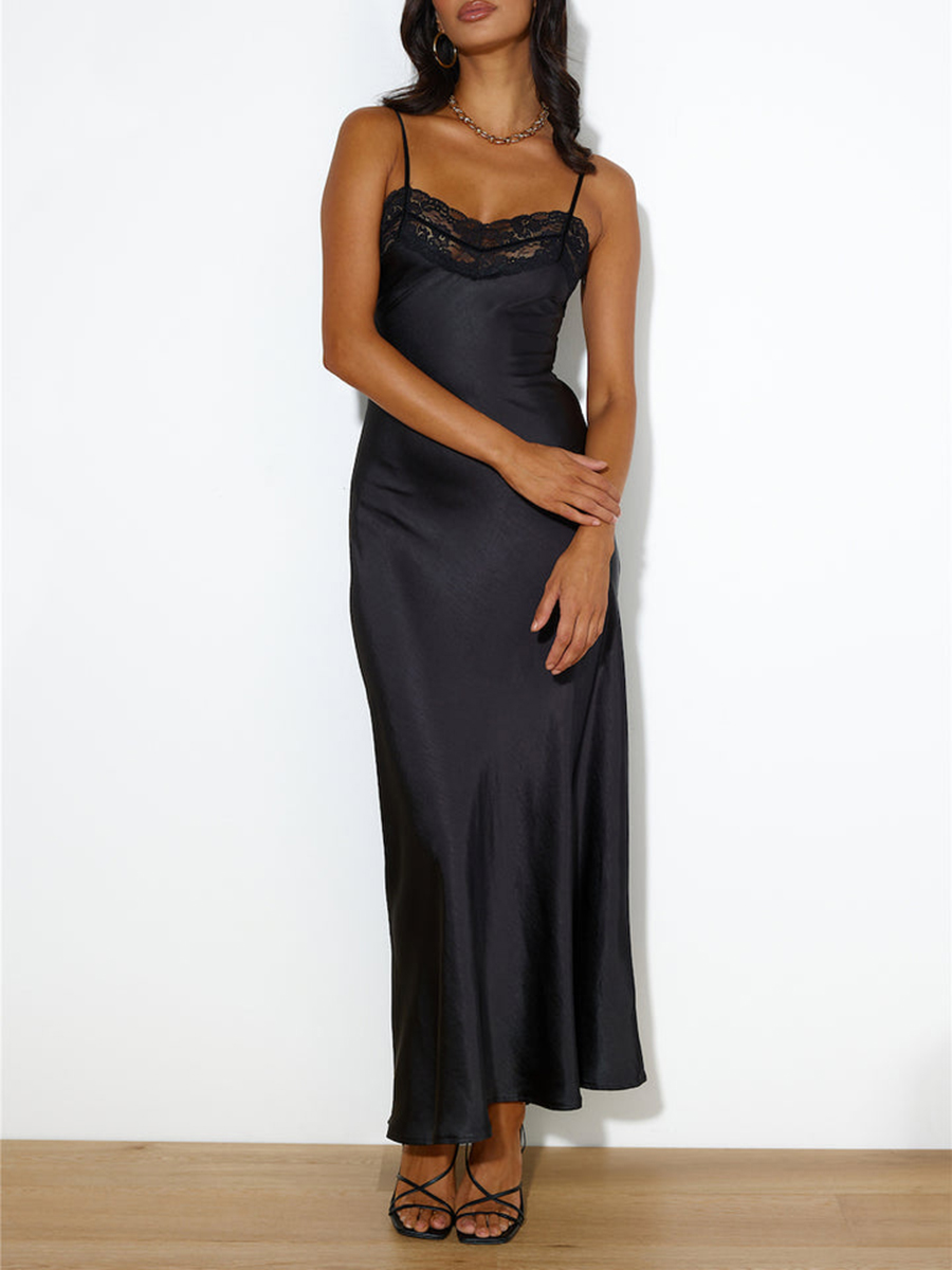 Women Lace Patchwork Slip Dress Y2K Spaghetti Strap Backless Summer Long Dress Elegant Solid Color Evening Party Dress