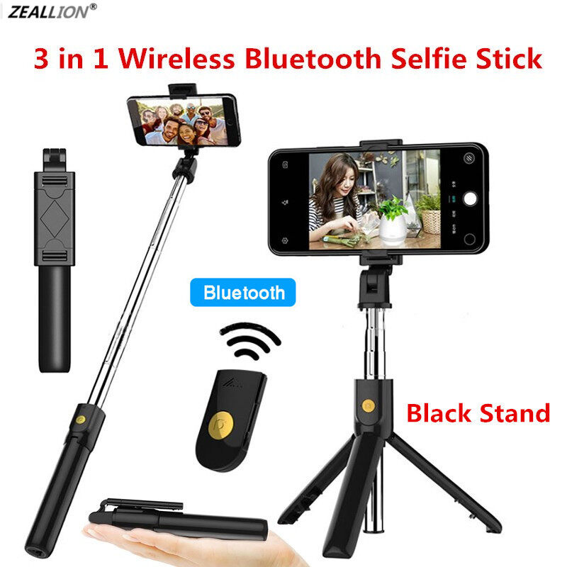Zeallion 3 in 1 Wireless Bluetooth Tripod Extendable Stand Selfie Stick for iPhone Samsung Huawei Oppo Vivo Realme Portable Handheld Wireless Remote Adjustable Mini Tripod Take Photo Shoot Video Live