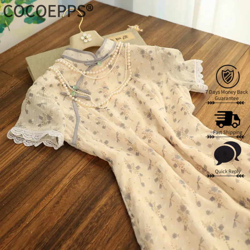 COCOEPPS dresses for women cheongsam 2024 Summer Women's New French Cheongsam Fashion Temperament Dresses