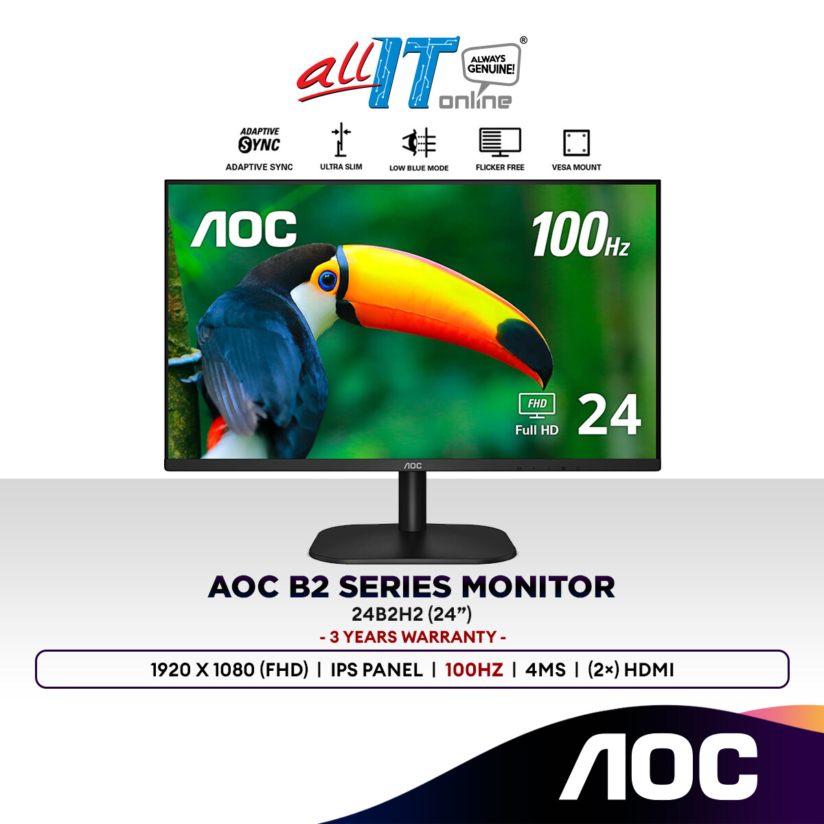 AOC 24B2H2 24" Full HD 100Hz Monitor Adaptive Sync IPS Panel