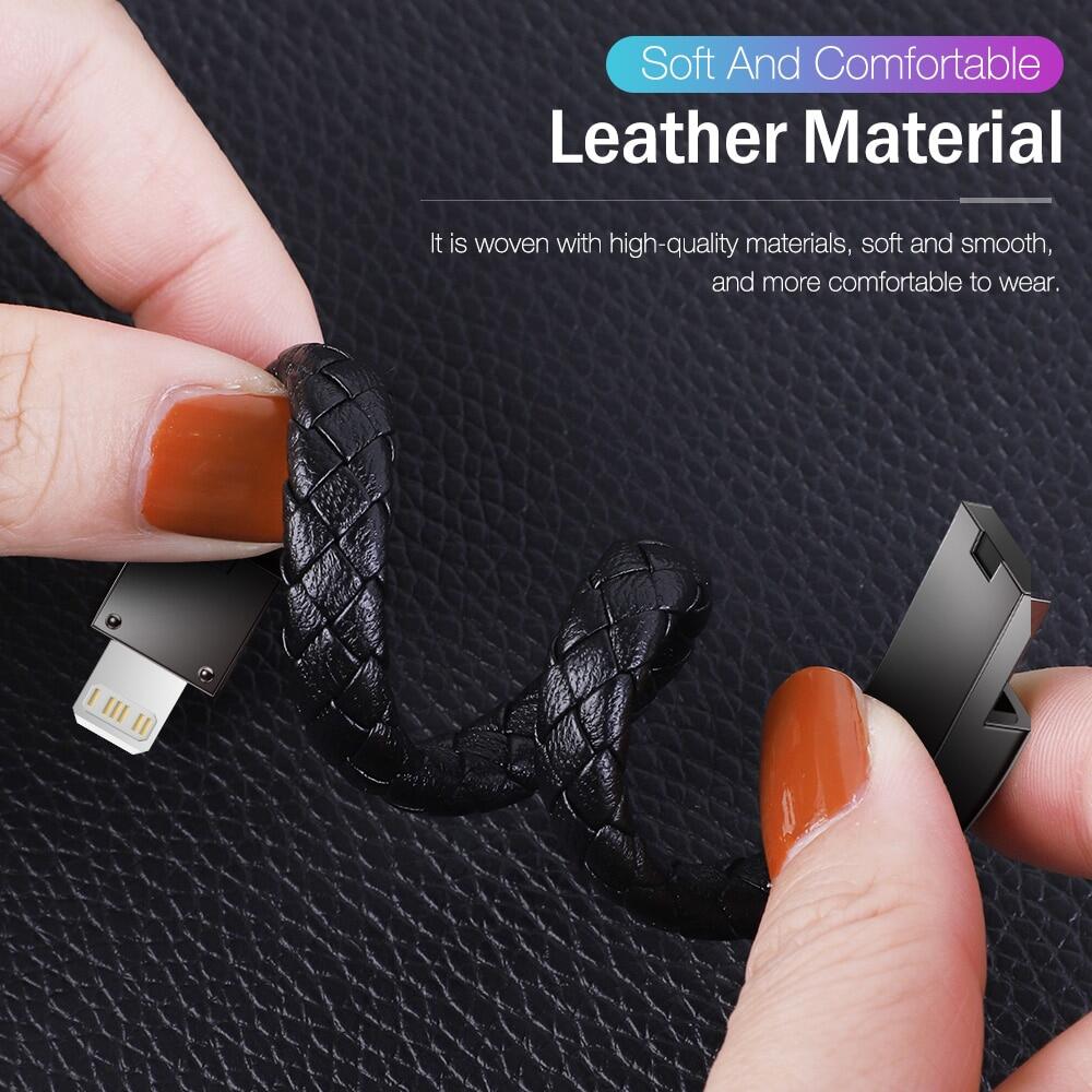 Short USB Data Cable For iPhone 13 14 12 11 Pro Max X Leather Bracelet Charger Cable for Micro USB Type C Portable Fast Charging USB Cord Wire, Data Transfer.