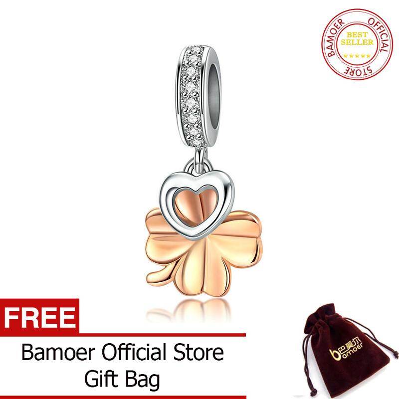 BAMOER Gardon Lucky Clover Charm fit Women Snake Bracelets Medicago Heart Pendant for Necklace Sterling Silver Jewelry SCC1238