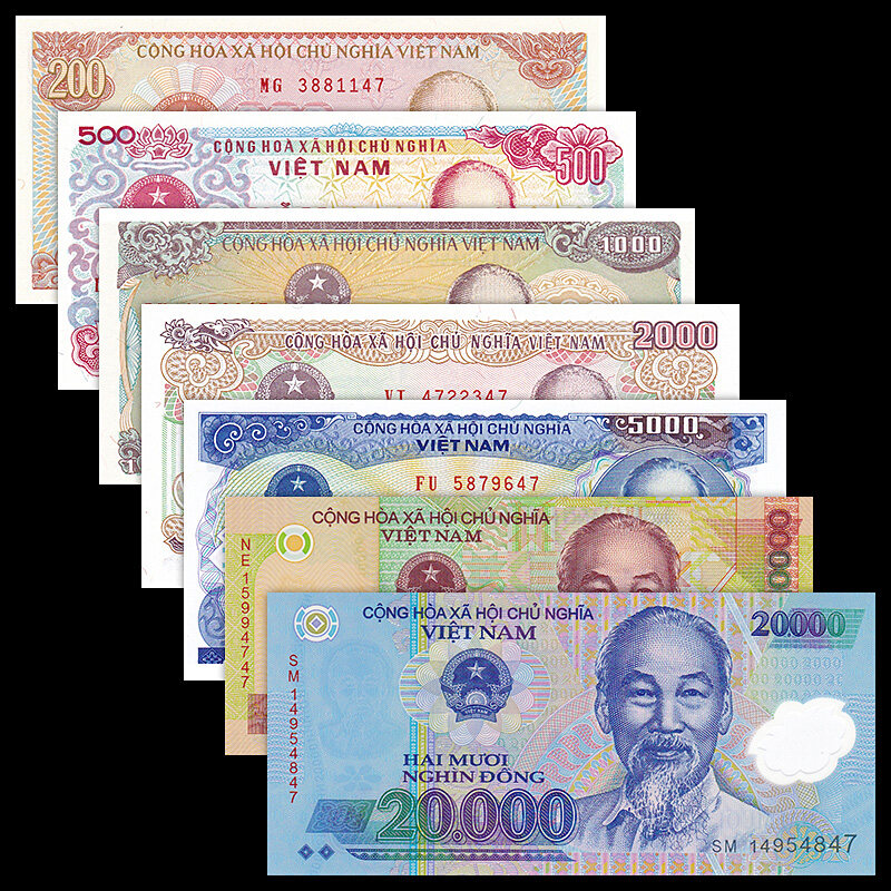 Vietnam Viet Nam Set 7 PCS banknotes, 200 500 1000 2000 5000 10000 ...