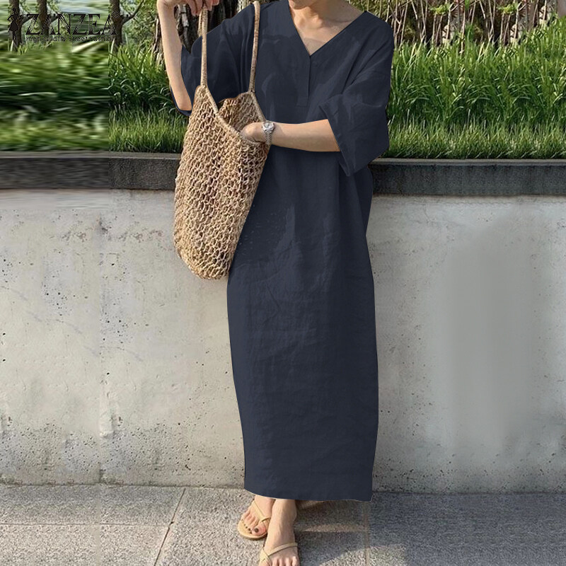 ZANZEA Đầm Dài Cotton Màu Trơn Cổ Chữ V Tay 3/4 Đơn Giản Cho Nữ Áo Kaftan Đầm Xòe Rộng #8
