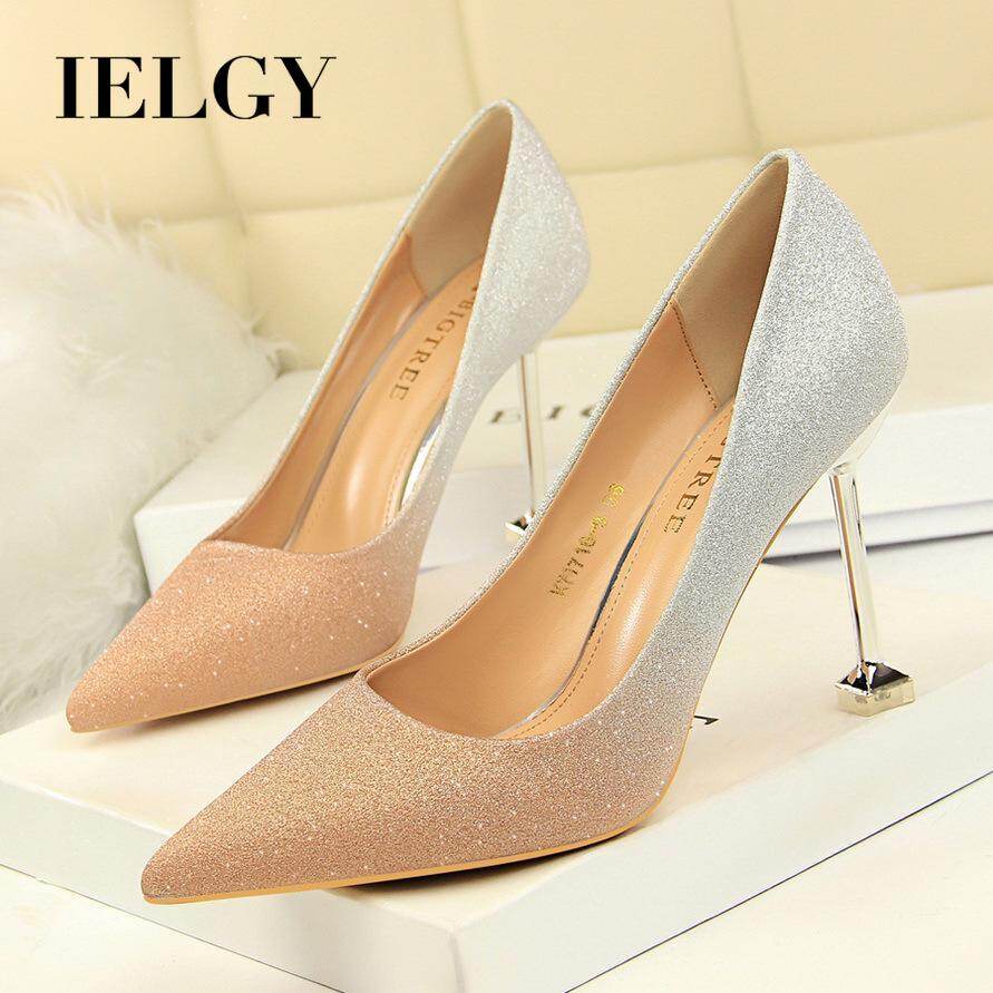 IELGY high heels women's Korean version 9.5cm stiletto high shallow mouth pointed toe color matching color gradient sexy single shoes