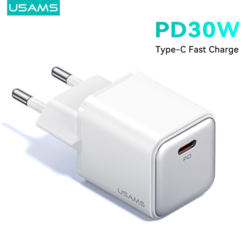 Usams pd30w Loại-C sạc nhanh pd3.0 qc4.0 2 Pin rắc cắm Châu Âu USB-C xách tay Sạc nhanh cho iPhone...