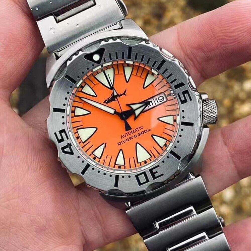 Heimdallr Mens Automatic Watch 45mm Orange Dial Sapphire Rotating