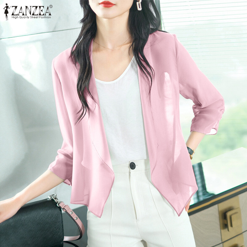 Zanzea phong cách Hàn Quốc Phụ nữ quan hệ nhân quả không thường xuyên Áo khoác chiffon đi làm 3/4 Tay áo Áo cardigan màu trơn #11