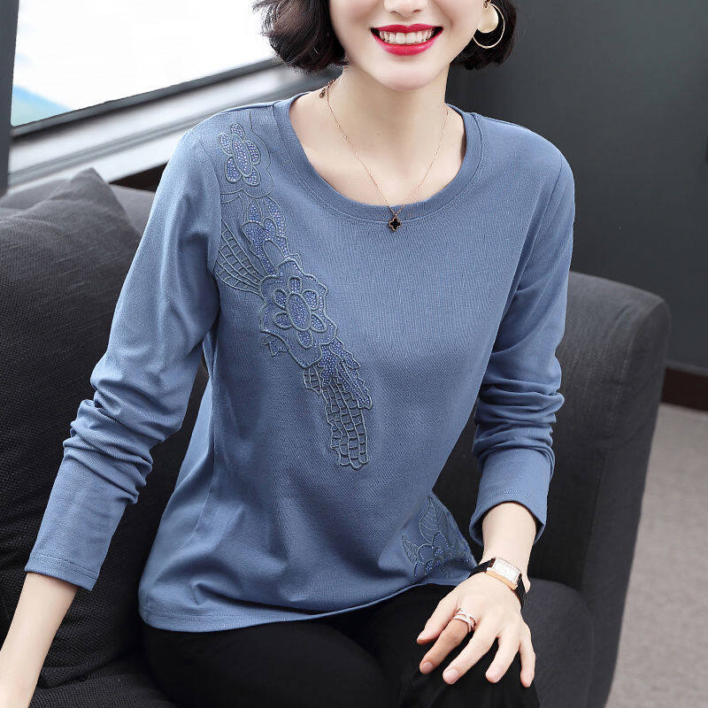 Women's New Winter Cotton Bottom Shirt Embroidered Diamond Jacket Loose Large Long Sleeve T Shirt