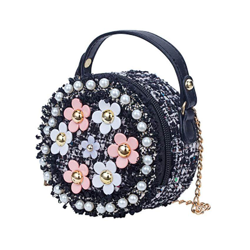 Unique2017 Korean Style Kids New Cute Mini Round Flower Embroidered Pearl Chian Messenger Crossbody Bag Children PU Leather Weaving Shoulder Sling Bag Handbags