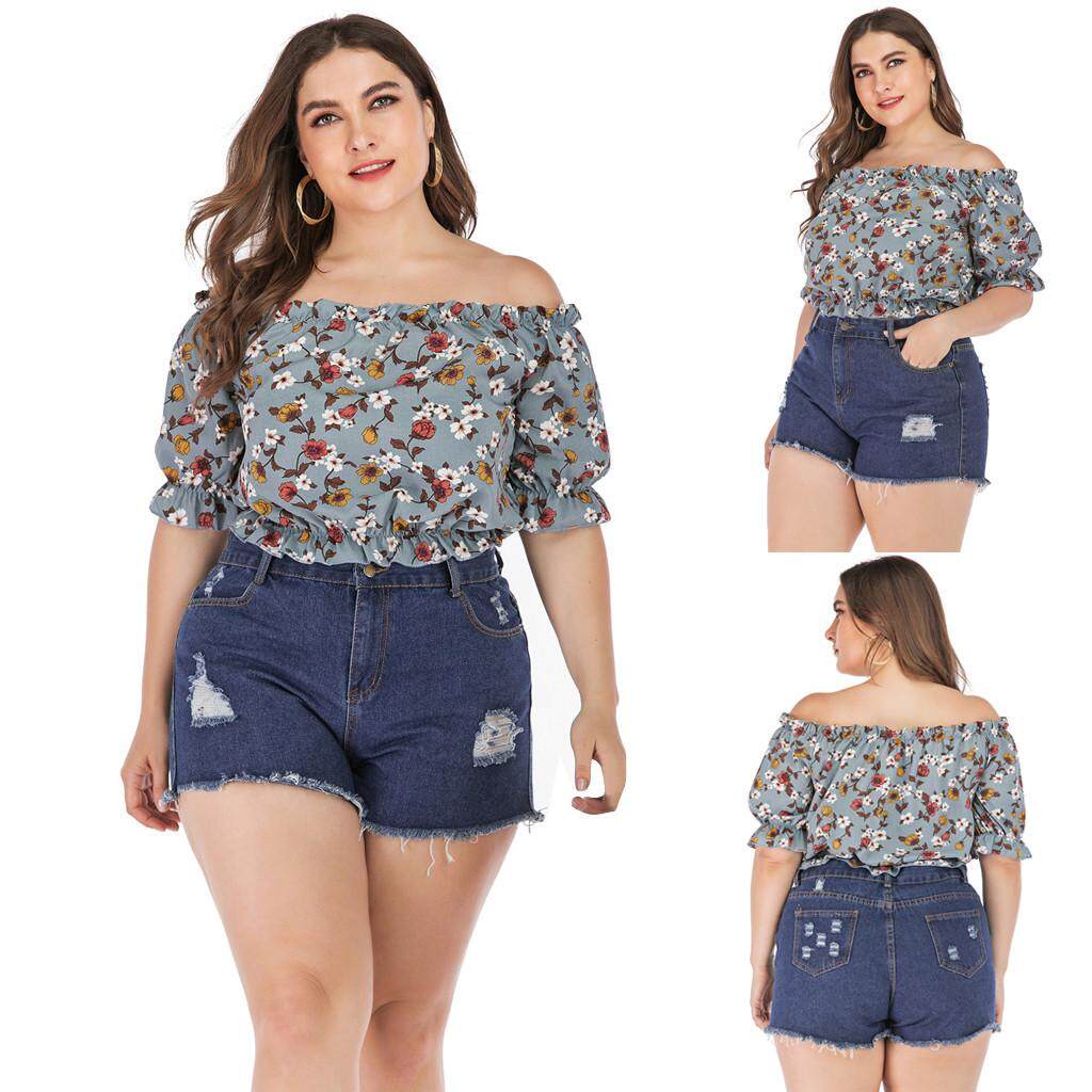 Ukuran Ukuran Besar Musim Panas Blus Wanita Fahsion Casual Plus Ukuran Cetak Slash Leher Setengah Lengan Tops Kemeja T baju Kaos Kemeja Tshirts untuk Wanita