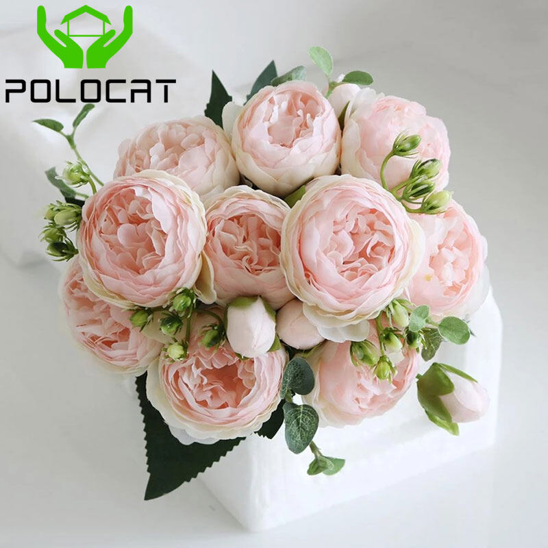 Polocat 1 Bouquet 9 Head Peony Artificial Flowers, Tea Rose, Camellia, Silk Flower, Artificial Flowers for Home Garden Wedding Decoration