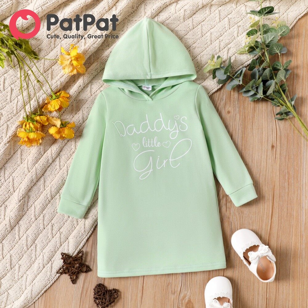 PatPat Toddler Girl Letter Print Solid Color Hooded Sweatshirt Dress