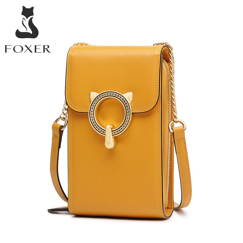 FOXER Women Cow Leather Cellphone Bags Girl Mini Crossbody Bag Small Flap Fashion Young Female Crossbody Bag Lady Mobile Phone Bag
