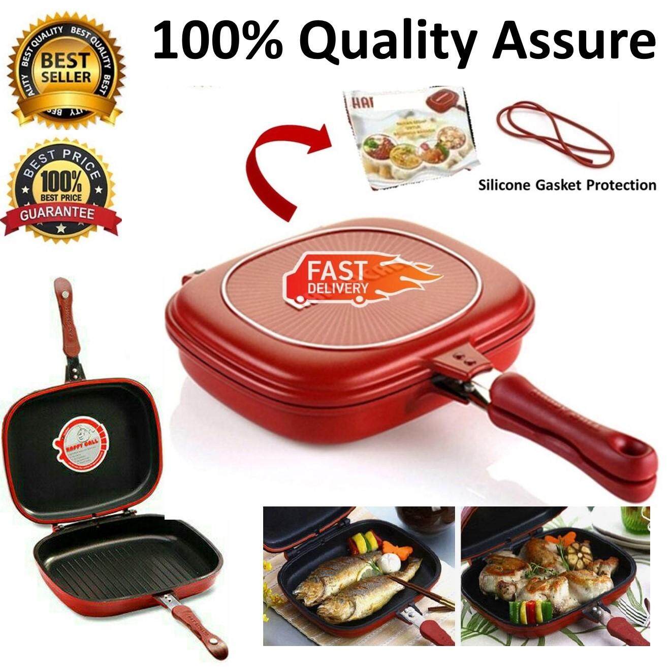 [Made in Korea] 32cm Double-Sided Foldable Frying Non-Stick Grill Pressure Pan + Double Pan Silicone Gasket Protection + Recipe book