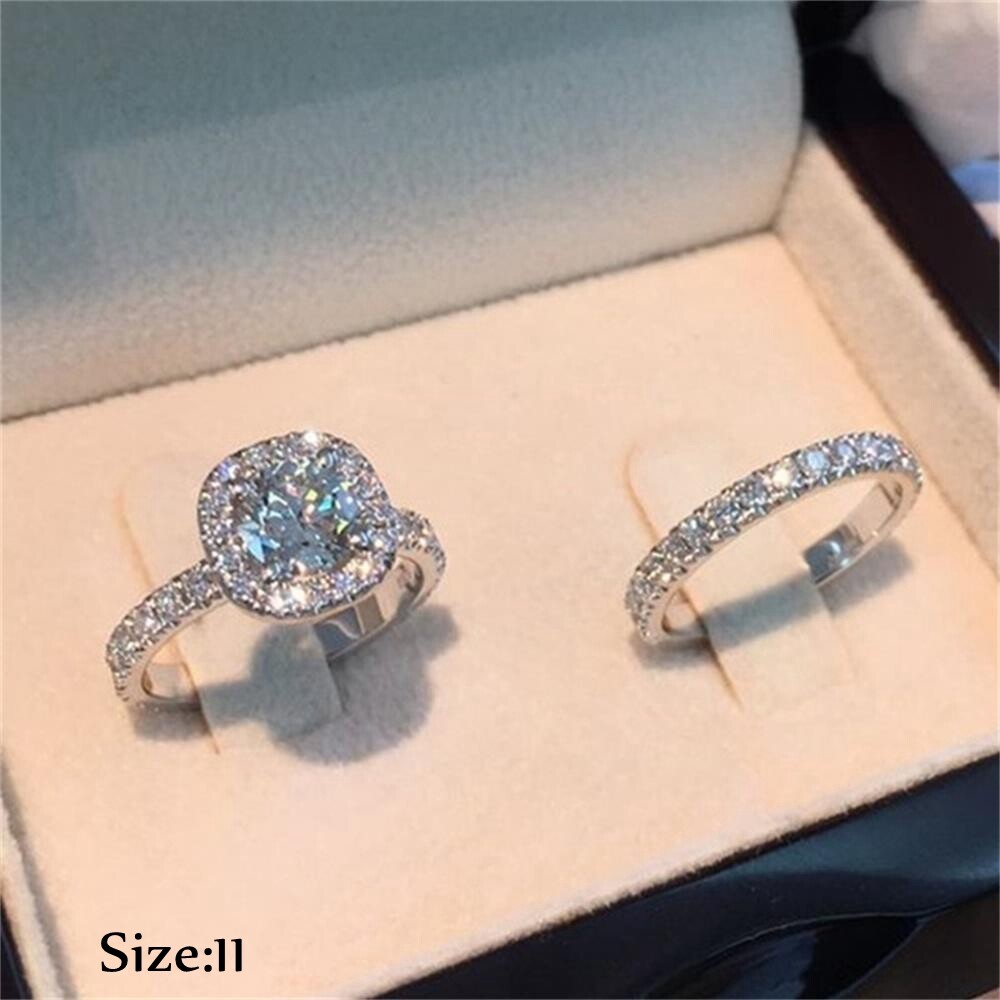 2 pcs Dazzling Natural White Sapphire Ring Set 925 Sterling Silver Jewelry Bride Wedding Engagement Party Diamond Gift Valentine's Day Gift