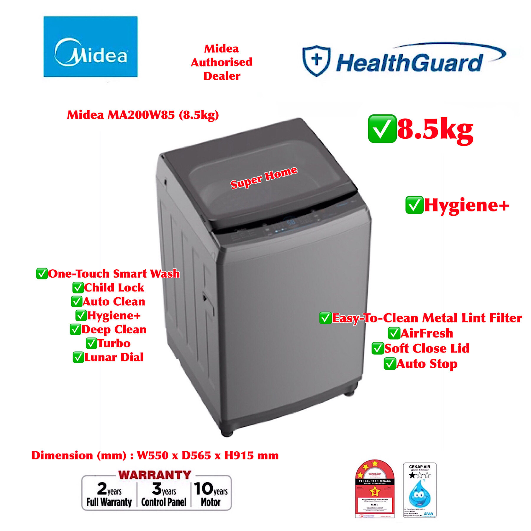 Midea 8.5kg Washing Machine 8.5kg Top Load Fully Auto Washing Machine