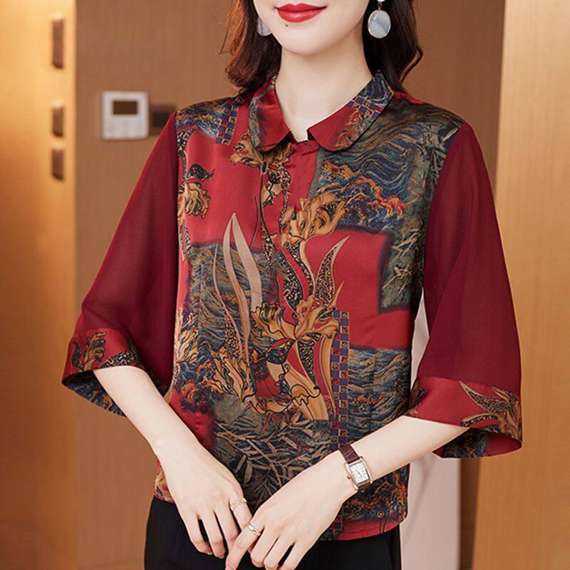 Korean Version Shirt Women's Temperament Middle-aged and Elderly Mothers Loose and Slim Printed Top for Women