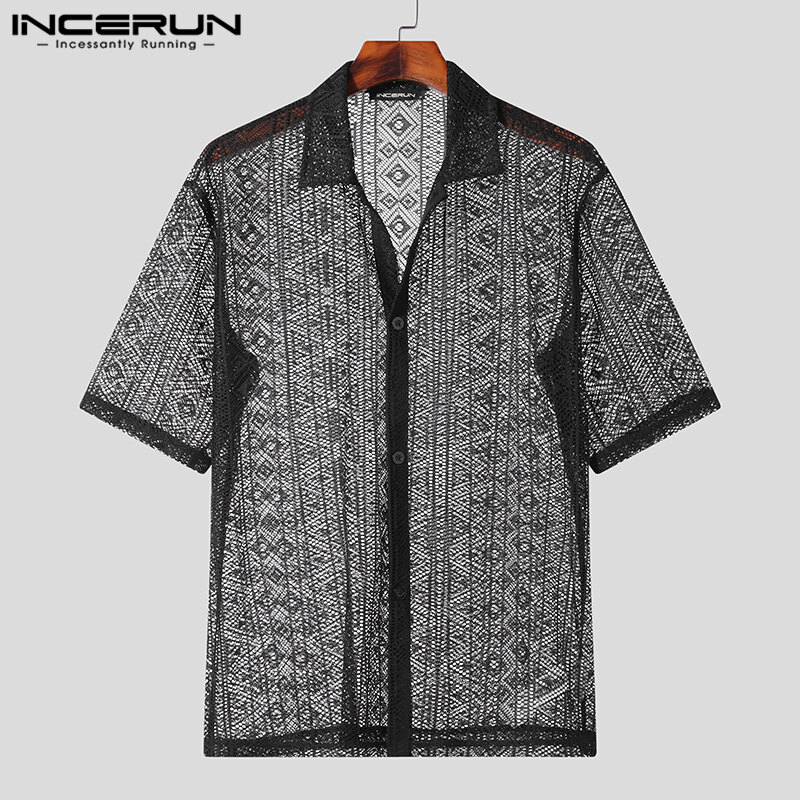 INCERUN Mens Lace Short Sleeve Shirt Casual Loose Party Club Tops Mesh Sheer Tee