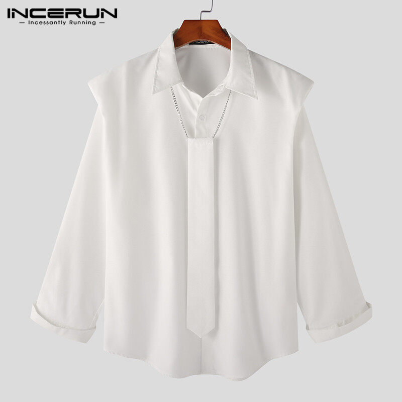 Beehoo incerun mens long sleeve shirt button down solid blouse loose fit t shirt top with tie
